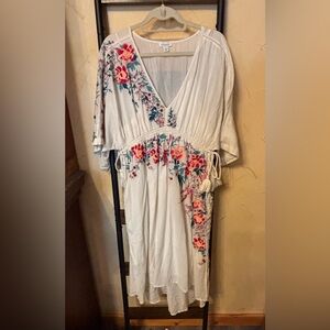 Sundance Cream High-Low Dress with Pink and Green Floral Embroidery Size S